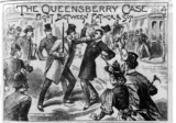 Illustration in London’s The Illustrated Police News of the Piccadilly street fight that took place on May 21 between the Marquis of Queensberry and his eldest son, Lord Douglas of Hawick. Many newspapers confused the two sons, assuming the father had fought with Lord Alfred Douglas.